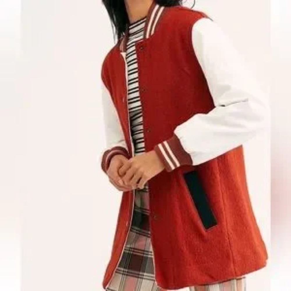 We The Free People Rust‎ Orange Wool White Faux Leather Varsity Jacket M Preppy